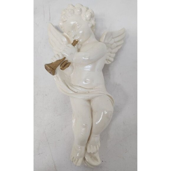 Vintage Large Cherub Angel Playing Trumpet Wall Hanging Ceramic White Figurine - Picture 1 of 6